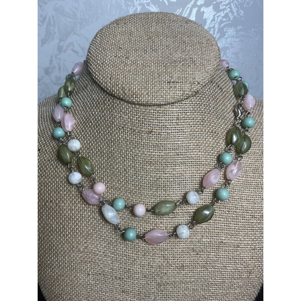 Vintage Pastel Beaded Necklace With Green Pink & White Beads
